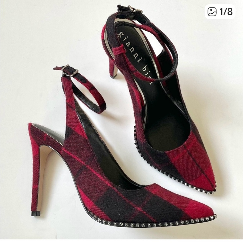 GIANNI BINI Renatay Two Stud Flannel Red Black Flannel  Heels Size 8.5 NWOT